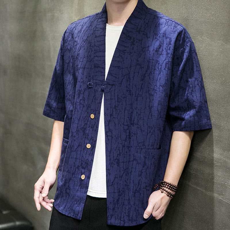 Buddha Stones Camisa de manga corta para hombre con cuello en V, botones y estampado desgastado, ideal para el verano. - image 15
