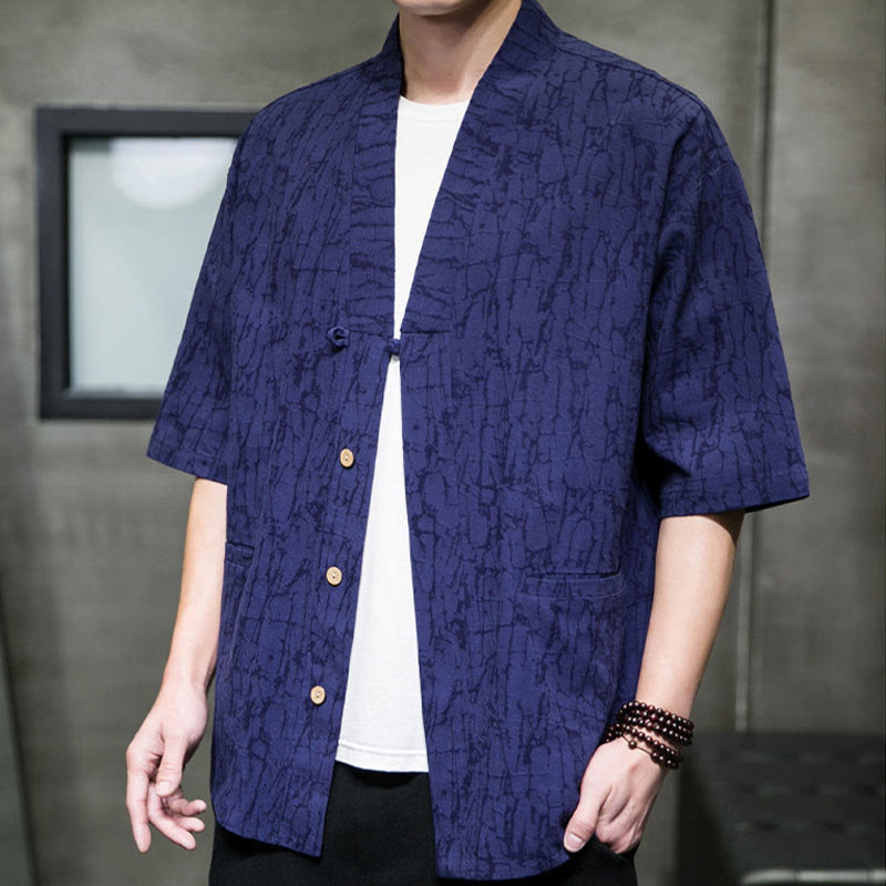Buddha Stones Camisa de manga corta para hombre con cuello en V, botones y estampado desgastado, ideal para el verano. - image 22