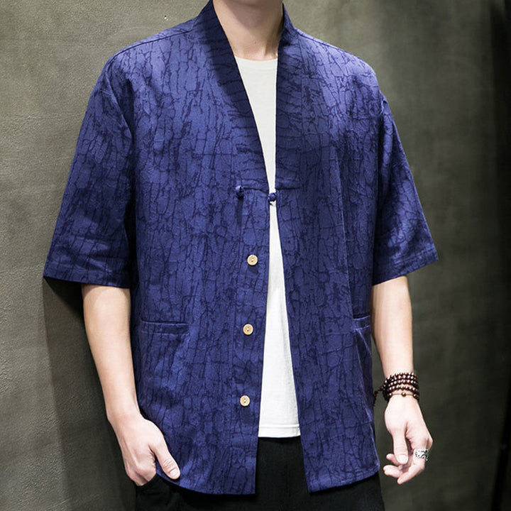 Buddha Stones Camisa de manga corta para hombre con cuello en V, botones y estampado desgastado, ideal para el verano. - image 21