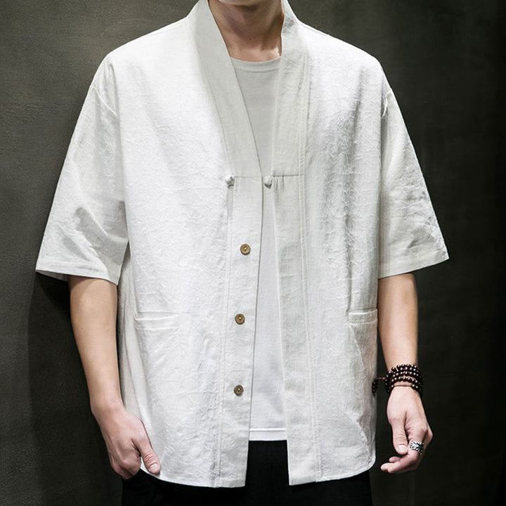 Buddha Stones Camisa de manga corta para hombre con cuello en V, botones y estampado desgastado, ideal para el verano. - image 30