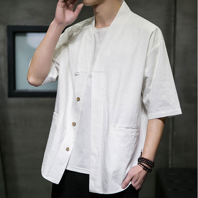Buddha Stones Camisa de manga corta para hombre con cuello en V, botones y estampado desgastado, ideal para el verano. - image 26