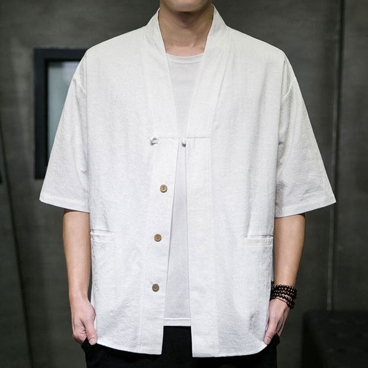 Buddha Stones Camisa de manga corta para hombre con cuello en V, botones y estampado desgastado, ideal para el verano. - image 29