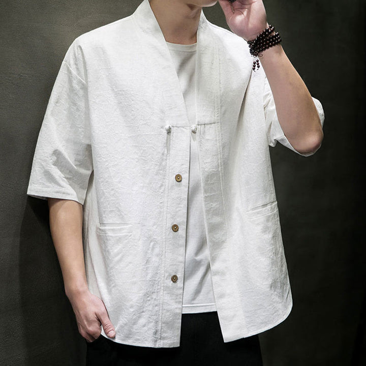 Buddha Stones Camisa de manga corta para hombre con cuello en V, botones y estampado desgastado, ideal para el verano. - image 33