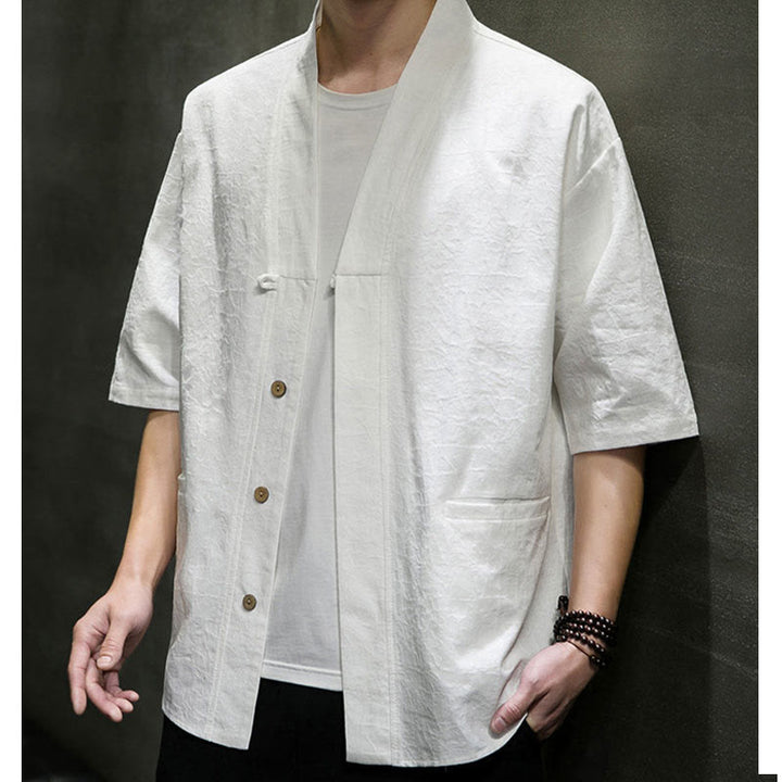 Buddha Stones Camisa de manga corta para hombre con cuello en V, botones y estampado desgastado, ideal para el verano. - image 31