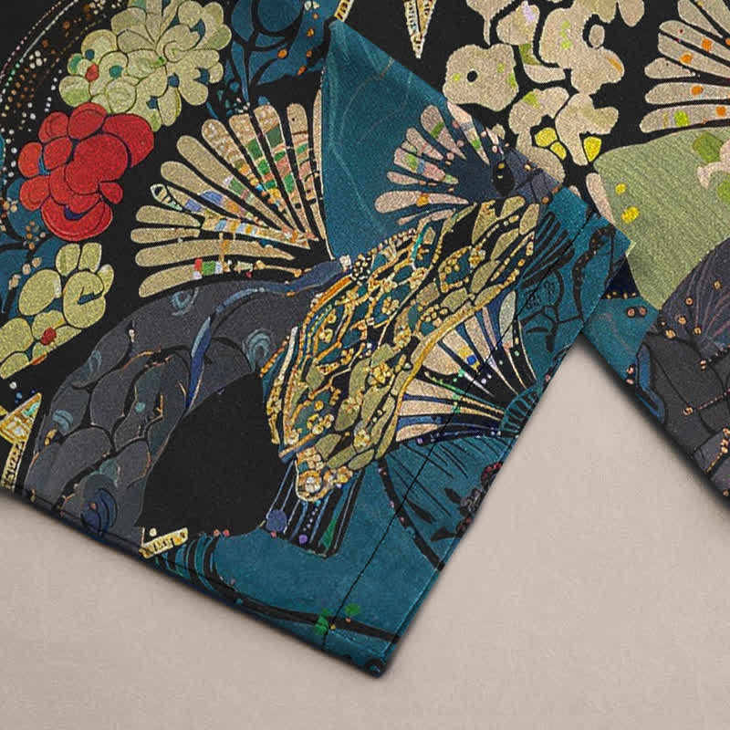 Buddha Stones Pantalones de hombre de algodón con estampado floral y diseño de abanico oriental plegable, corte cónico y bolsillos. - image 3