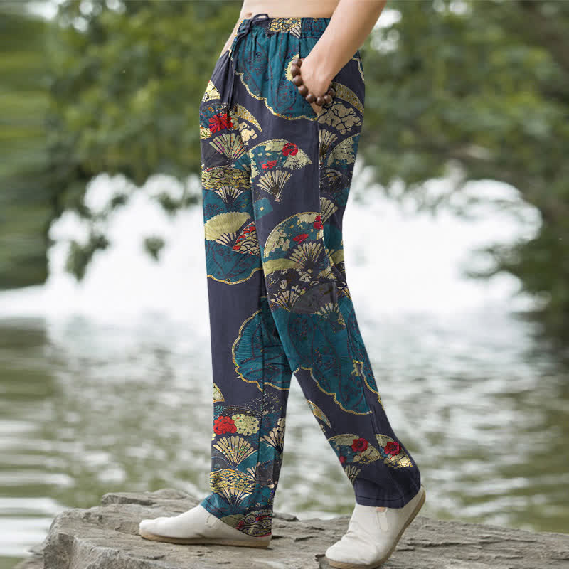Buddha Stones Pantalones de hombre de algodón con estampado floral y diseño de abanico oriental plegable, corte cónico y bolsillos. - image 7