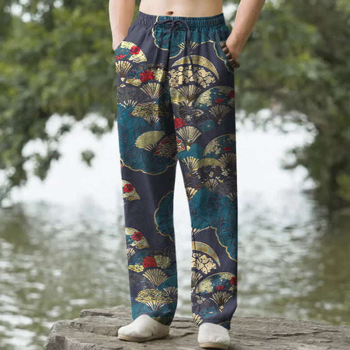 Buddha Stones Pantalones de hombre de algodón con estampado floral y diseño de abanico oriental plegable, corte cónico y bolsillos. - Azul pizarra oscuro - US/UK/AU50, EU60 (5XL) - image 6