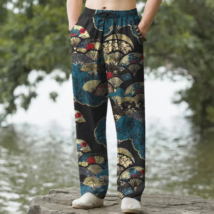 Buddha Stones Pantalones de hombre de algodón con estampado floral y diseño de abanico oriental plegable, corte cónico y bolsillos. - Negro - US/UK/AU50, EU60 (5XL) - image 0