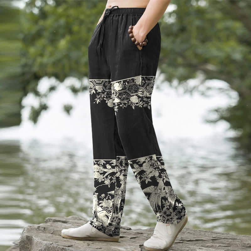 Buddha Stones Pantalones de hombre de algodón color marfil con estampado floral y corte ajustado, con bolsillos. - image 1