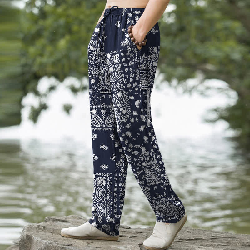 Buddha Stones Pantalones de hombre de algodón con estampado de patchwork paisley en blanco y negro, corte ajustado y bolsillos. - image 5