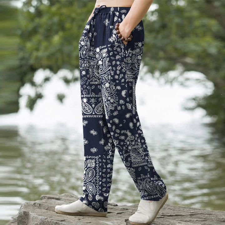 Buddha Stones Pantalones de hombre de algodón con estampado de patchwork paisley en blanco y negro, corte ajustado y bolsillos. - image 5