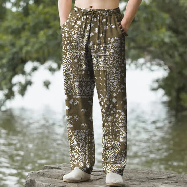 Buddha Stones Pantalones de hombre de algodón con estampado de patchwork paisley en blanco y negro, corte ajustado y bolsillos. - Verde oliva - US/UK/AU50, EU60 (5XL) - image 6