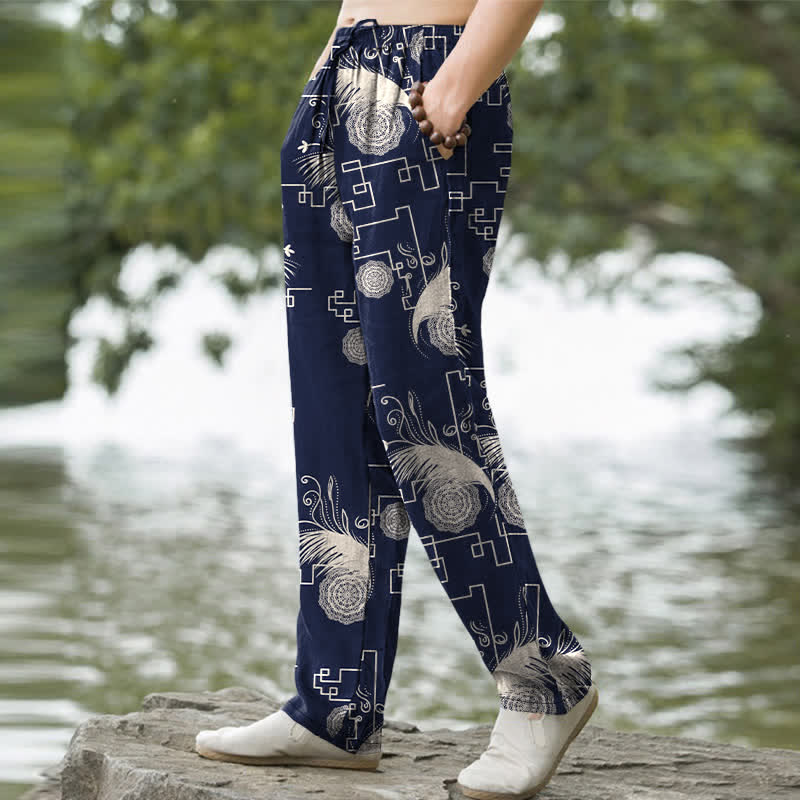 Buddha Stones Pantalones de hombre de algodón con estampado geométrico de plumas, corte cónico y bolsillos. - image 1