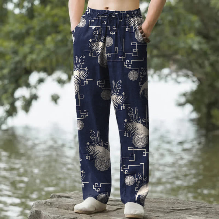 Buddha Stones Pantalones de hombre de algodón con estampado geométrico de plumas, corte cónico y bolsillos. - Marina de guerra - US/UK/AU50, EU60 (5XL) - image 0