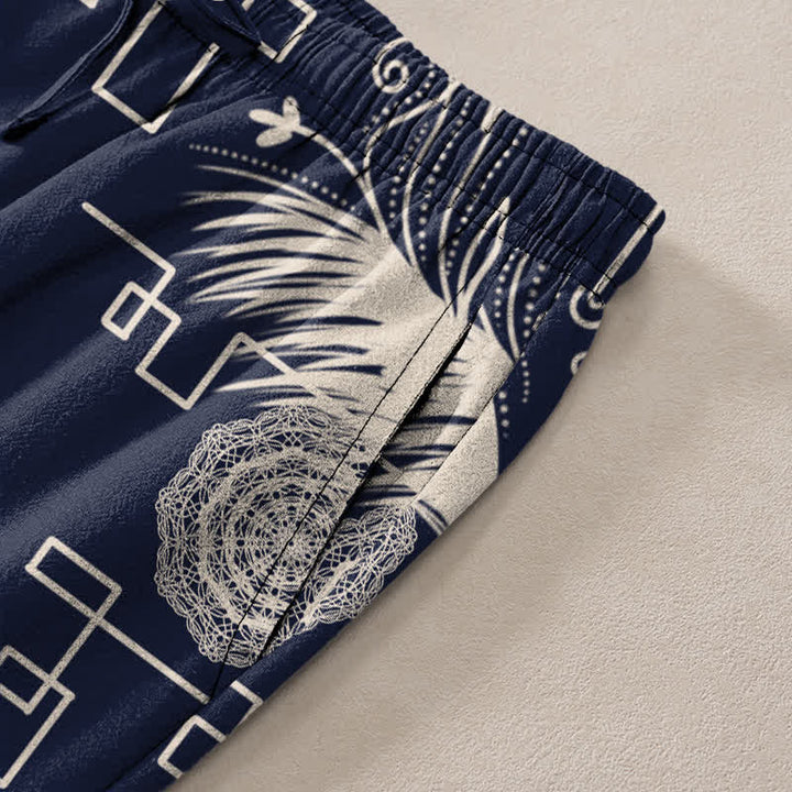 Buddha Stones Pantalones de hombre de algodón con estampado geométrico de plumas, corte cónico y bolsillos. - image 2