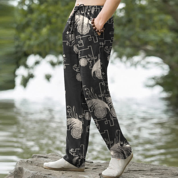 Buddha Stones Pantalones de hombre de algodón con estampado geométrico de plumas, corte cónico y bolsillos. - image 5