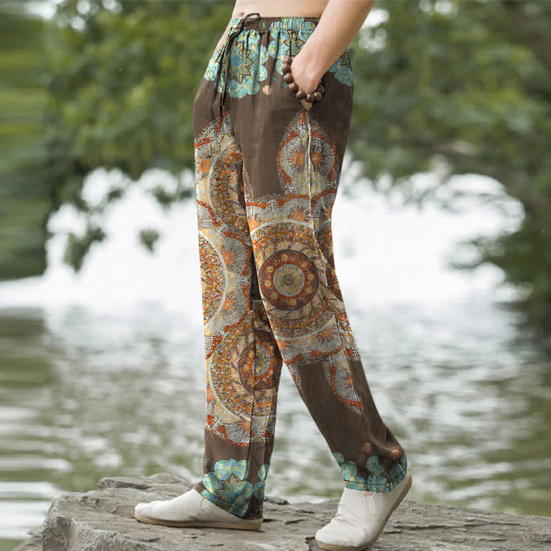 Buddha Stones Pantalones de hombre de algodón puro con estampado floral de mandala, corte ajustado y bolsillos. - image 7