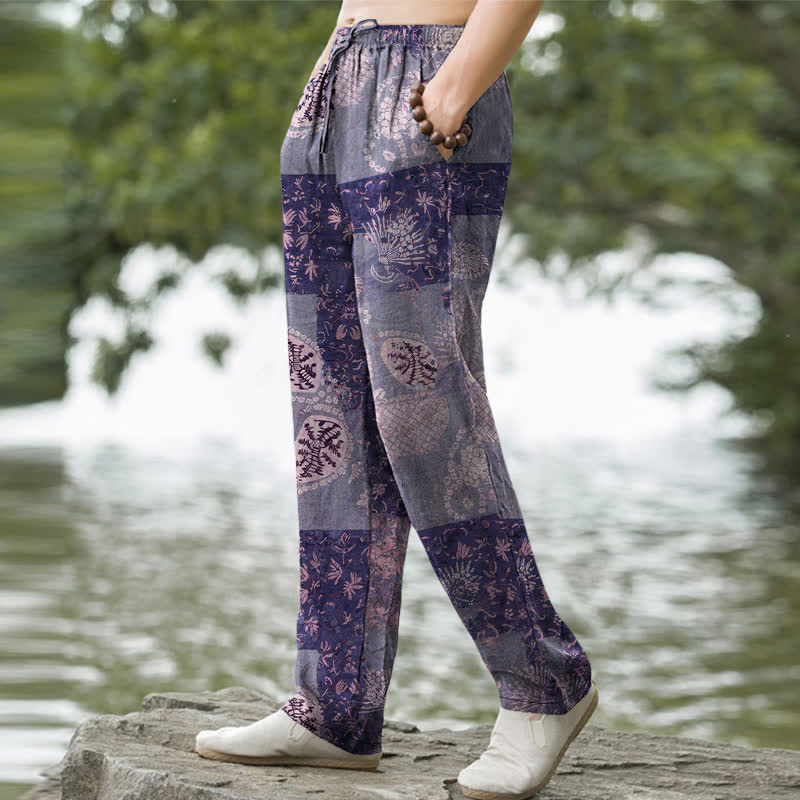 Buddha Stones Pantalones de hombre de algodón estilo boho con estampado floral y patchwork, corte ajustado y bolsillos. - image 7
