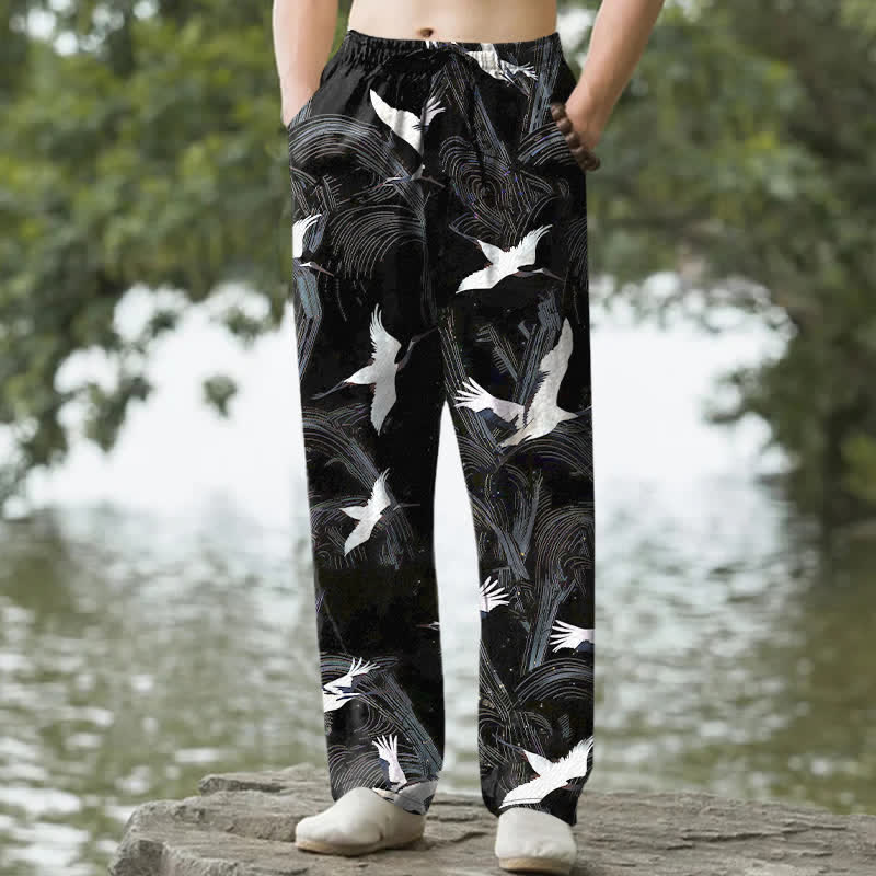 Buddha Stones Pantalones de hombre de algodón blanco con estampado de ondas de tinta de grulla y corte ajustado, con bolsillos. - Negro - US/UK/AU50, EU60 (5XL) - image 0