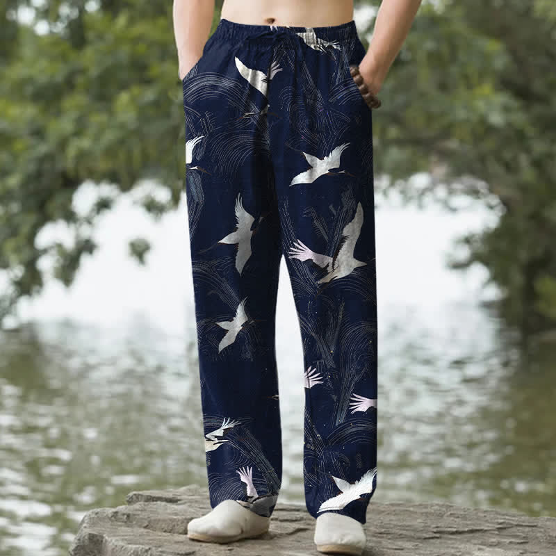 Buddha Stones Pantalones de hombre de algodón blanco con estampado de ondas de tinta de grulla y corte ajustado, con bolsillos. - Marina de guerra - US/UK/AU50, EU60 (5XL) - image 4
