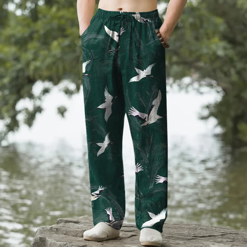 Buddha Stones Pantalones de hombre de algodón blanco con estampado de ondas de tinta de grulla y corte ajustado, con bolsillos. - Verde bosque - US/UK/AU50, EU60 (5XL) - image 6