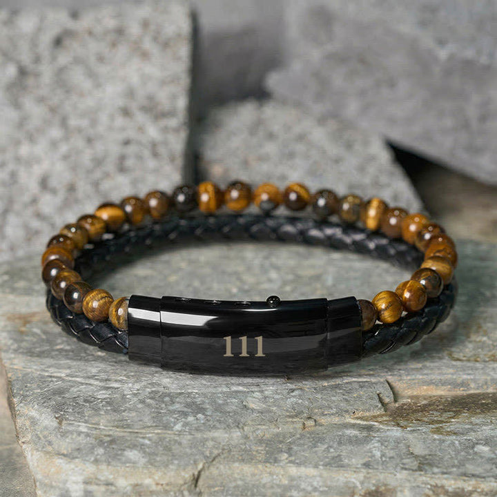 Buddha Stones Pulsera de cuero con doble vuelta con números de ángel y ojo de tigre - Ojo de tigre (circunferencia de la muñeca: 18-19 cm) - 111 - image 4