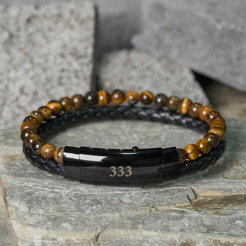 Buddha Stones Pulsera de cuero con doble vuelta con números de ángel y ojo de tigre - Ojo de tigre (circunferencia de la muñeca: 18-19 cm) - 333 - image 15