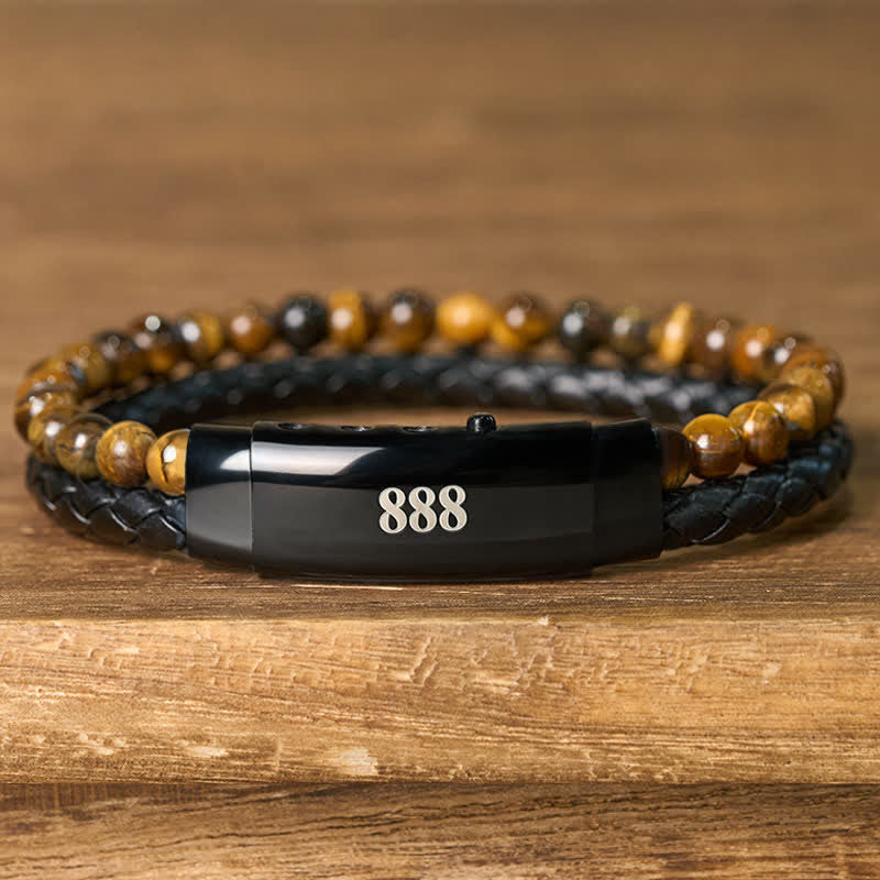 Buddha Stones Pulsera de cuero con doble vuelta con números de ángel y ojo de tigre - image 2