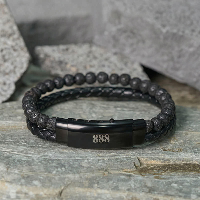Buddha Stones Pulsera de cuero doble con números de ángel y diseño de roca volcánica. - image 1
