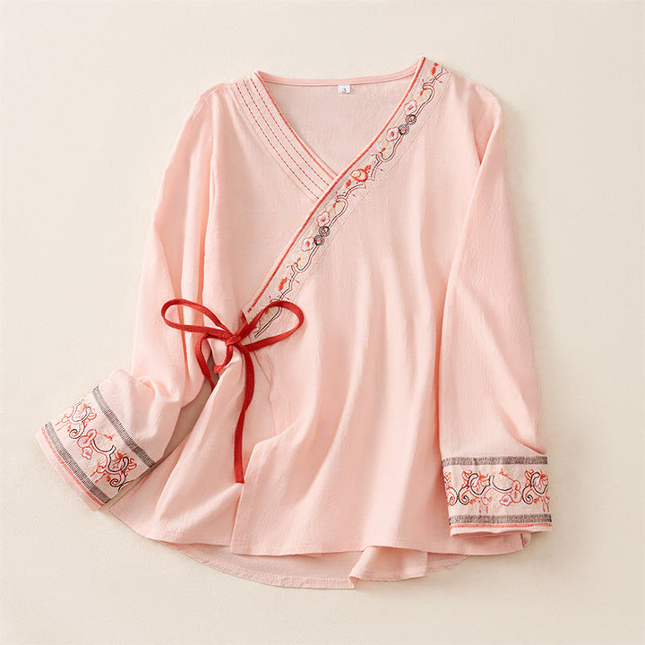 Camisa de mujer informal con cuello inclinado, tirantes y flores bordadas con Buddha Stones. - Rosa - US8-10, UK/AU12-14, EU40-42 (3XL) - image 7