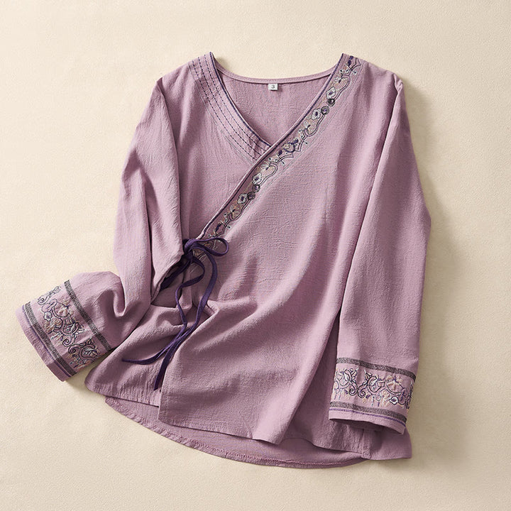 Camisa de mujer informal con cuello inclinado, tirantes y flores bordadas con Buddha Stones. - Orquídea - US8-10, UK/AU12-14, EU40-42 (3XL) - image 13