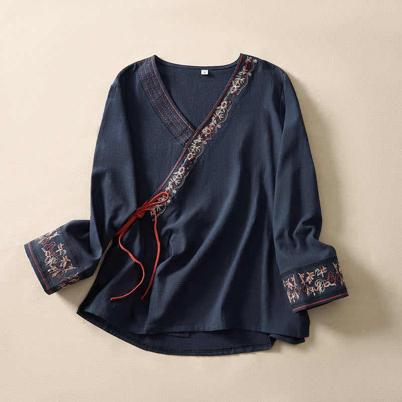 Camisa de mujer informal con cuello inclinado, tirantes y flores bordadas con Buddha Stones. - Marina de guerra - US8-10, UK/AU12-14, EU40-42 (3XL) - image 19