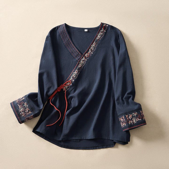 Camisa de mujer informal con cuello inclinado, tirantes y flores bordadas con Buddha Stones. - Marina de guerra - US8-10, UK/AU12-14, EU40-42 (3XL) - image 19