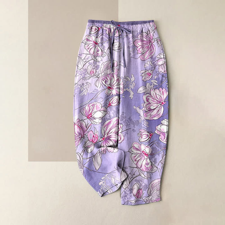 Buddha Stones Pantalones de mujer de algodón puro con estampado floral rosa romántico, cintura elástica y bolsillos. - Morado medio - US16，UK/AU20，EU48 (3XL) - image 3