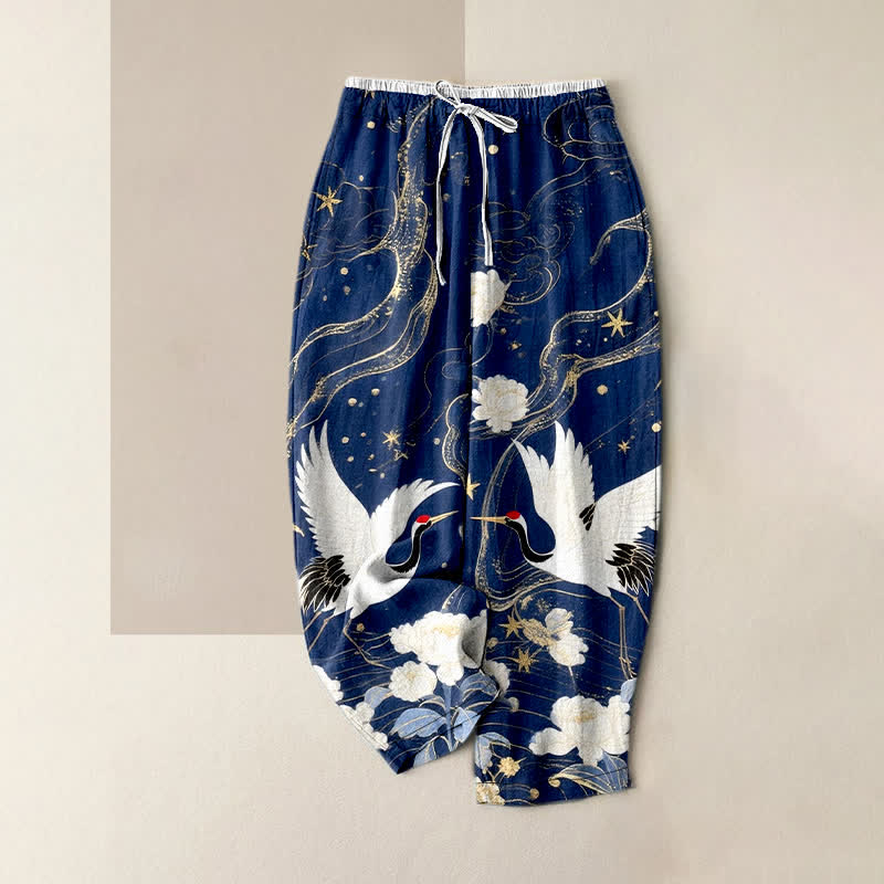 Buddha Stones Pantalones de mujer de algodón puro con elegante estampado floral de grullas y cintura elástica con bolsillos. - Marina de guerra - US16，UK/AU20，EU48 (3XL) - image 0