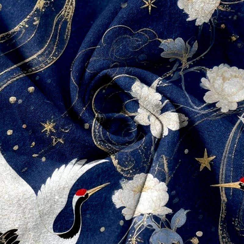 Buddha Stones Pantalones de mujer de algodón puro con elegante estampado floral de grullas y cintura elástica con bolsillos. - image 3
