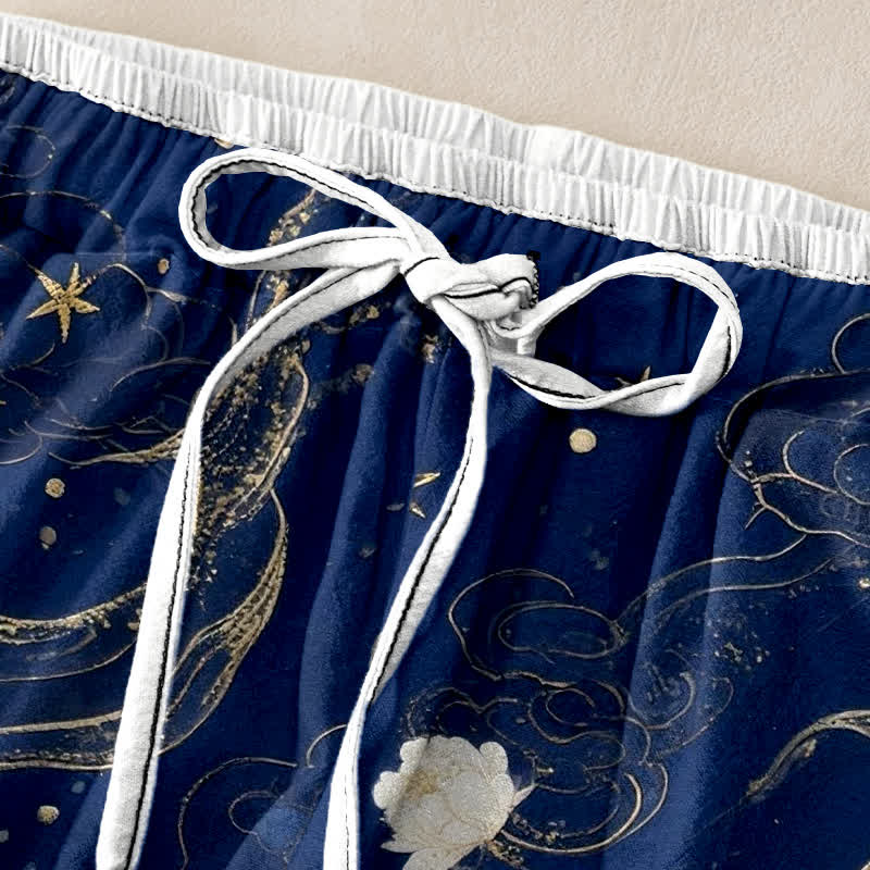 Buddha Stones Pantalones de mujer de algodón puro con elegante estampado floral de grullas y cintura elástica con bolsillos. - image 1