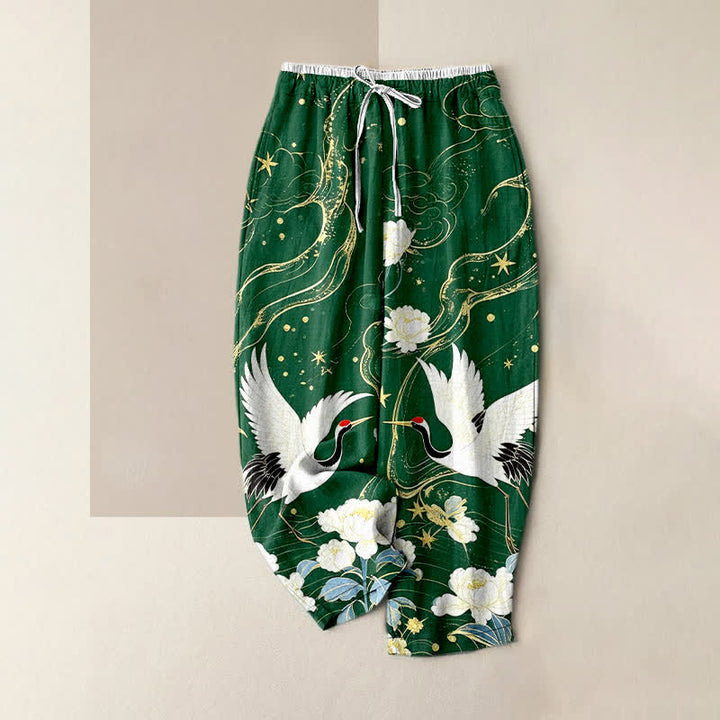 Buddha Stones Pantalones de mujer de algodón puro con elegante estampado floral de grullas y cintura elástica con bolsillos. - Verde bosque - US16，UK/AU20，EU48 (3XL) - image 5