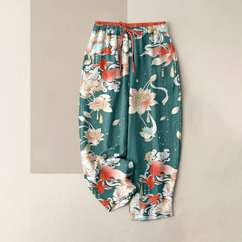 Buddha Stones Pantalones de mujer de algodón puro con estampado de peces koi rojos y cintura elástica con bolsillos. - cian oscuro - US16，UK/AU20，EU48 (3XL) - image 0