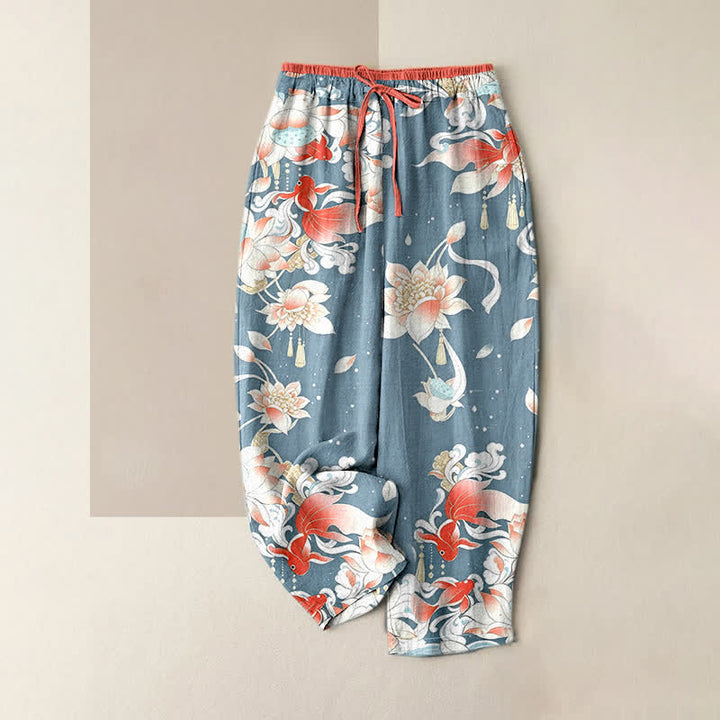 Buddha Stones Pantalones de mujer de algodón puro con estampado de peces koi rojos y cintura elástica con bolsillos. - Azul claro - US16，UK/AU20，EU48 (3XL) - image 3