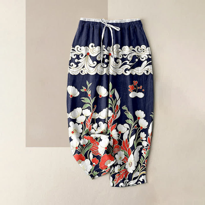 Buddha Stones Pantalones de mujer de algodón puro con estampado floral bohemio y cintura elástica, con bolsillos. - Marina de guerra - US16，UK/AU20，EU48 (3XL) - image 0