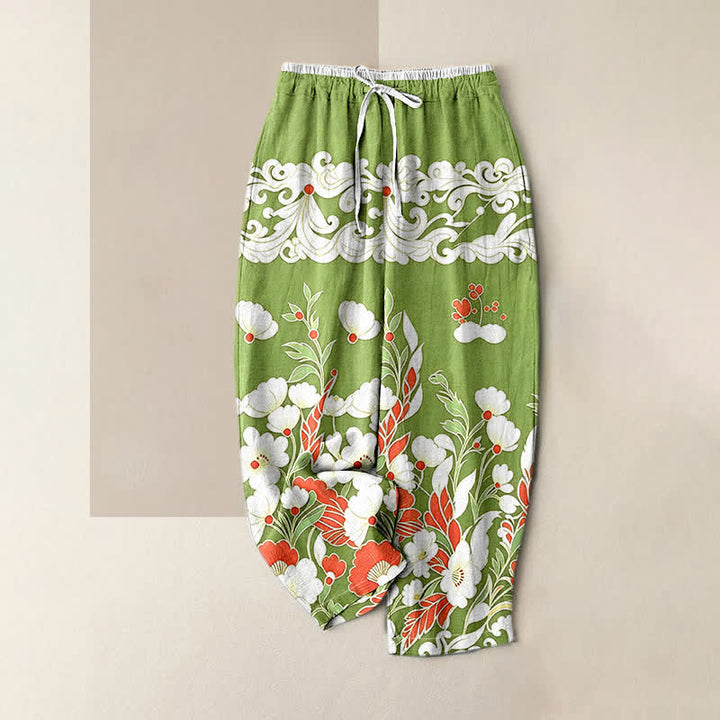 Buddha Stones Pantalones de mujer de algodón puro con estampado floral bohemio y cintura elástica, con bolsillos. - Verde amarillento - US16，UK/AU20，EU48 (3XL) - image 4