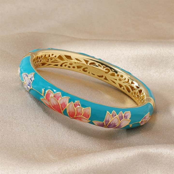 Buddha Stones Brazalete de iluminación con esmalte Cloisonné de loto de cobre - Azul turquesa - image 3