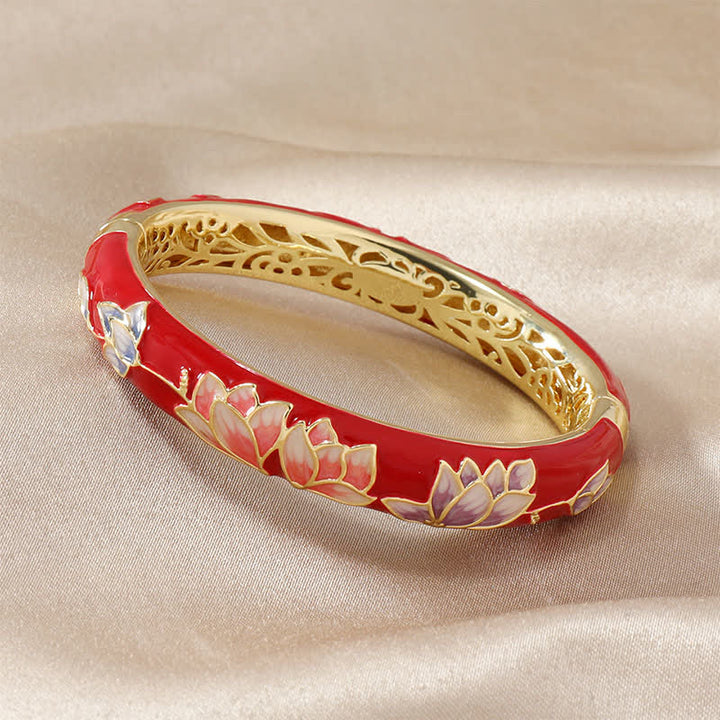 Buddha Stones Brazalete de iluminación con esmalte Cloisonné de loto de cobre - Rojo - image 0