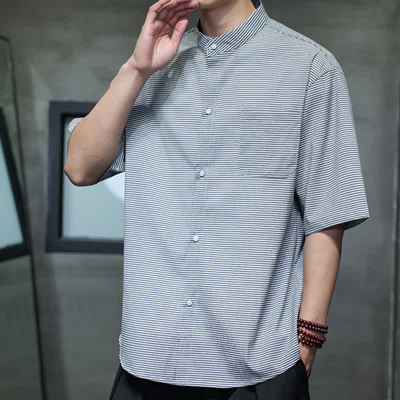 Buddha Stones Camisa de manga corta para hombre, estilo casual de verano, con cuello mandarín y estampado de rayas diplomáticas. - image 11