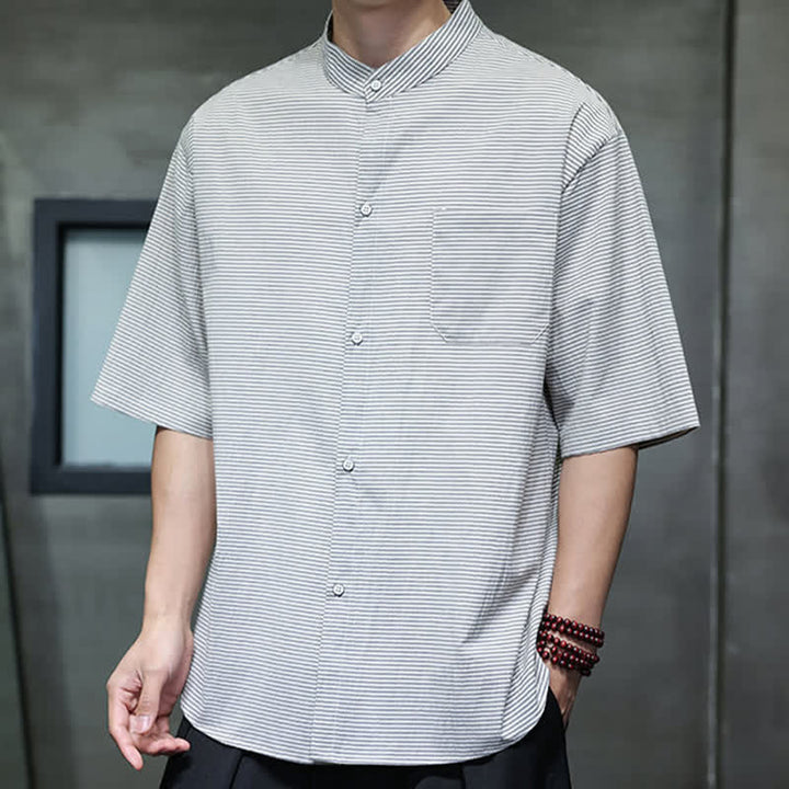 Buddha Stones Camisa de manga corta para hombre, estilo casual de verano, con cuello mandarín y estampado de rayas diplomáticas. - image 7