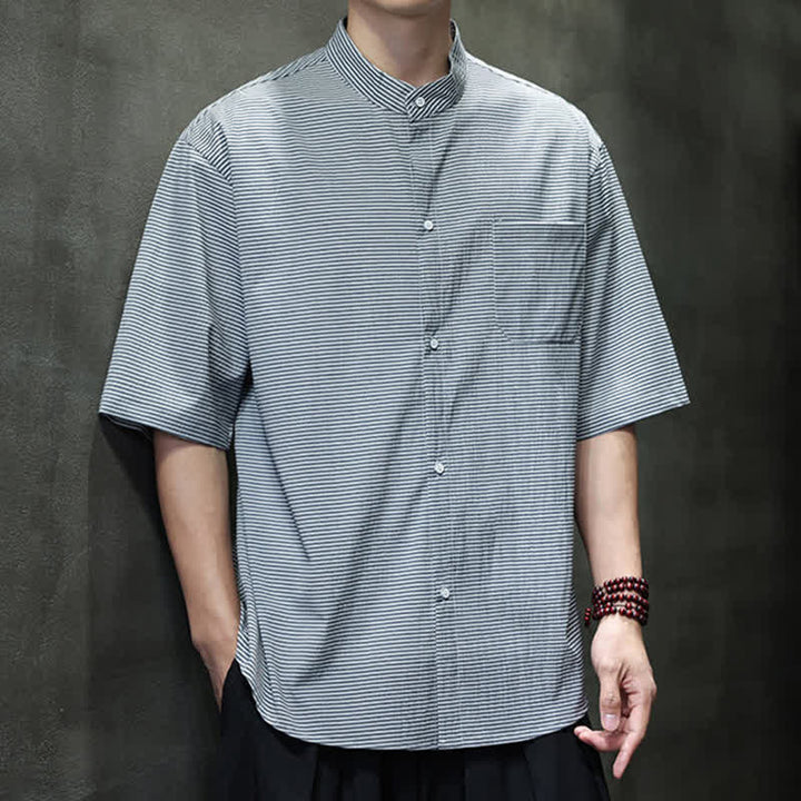 Buddha Stones Camisa de manga corta para hombre, estilo casual de verano, con cuello mandarín y estampado de rayas diplomáticas. - image 12