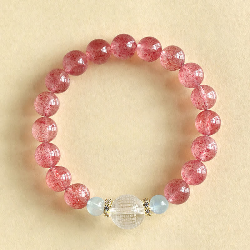 Buddha Stones Pulsera positiva de cuarzo fresa y ojo de tigre azul - Cuarzo fresa (circunferencia de la muñeca: 15–16 cm) - image 0