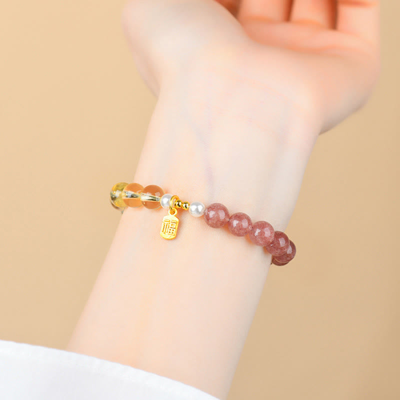 Buddha Stones Pulsera de la suerte con cuarzo fresa y citrino, cinco elementos y carácter Fu. - image 2