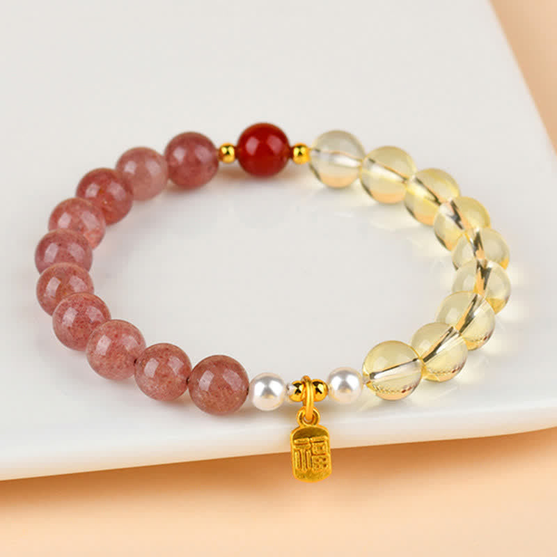 Buddha Stones Pulsera de la suerte con cuarzo fresa y citrino, cinco elementos y carácter Fu. - image 1